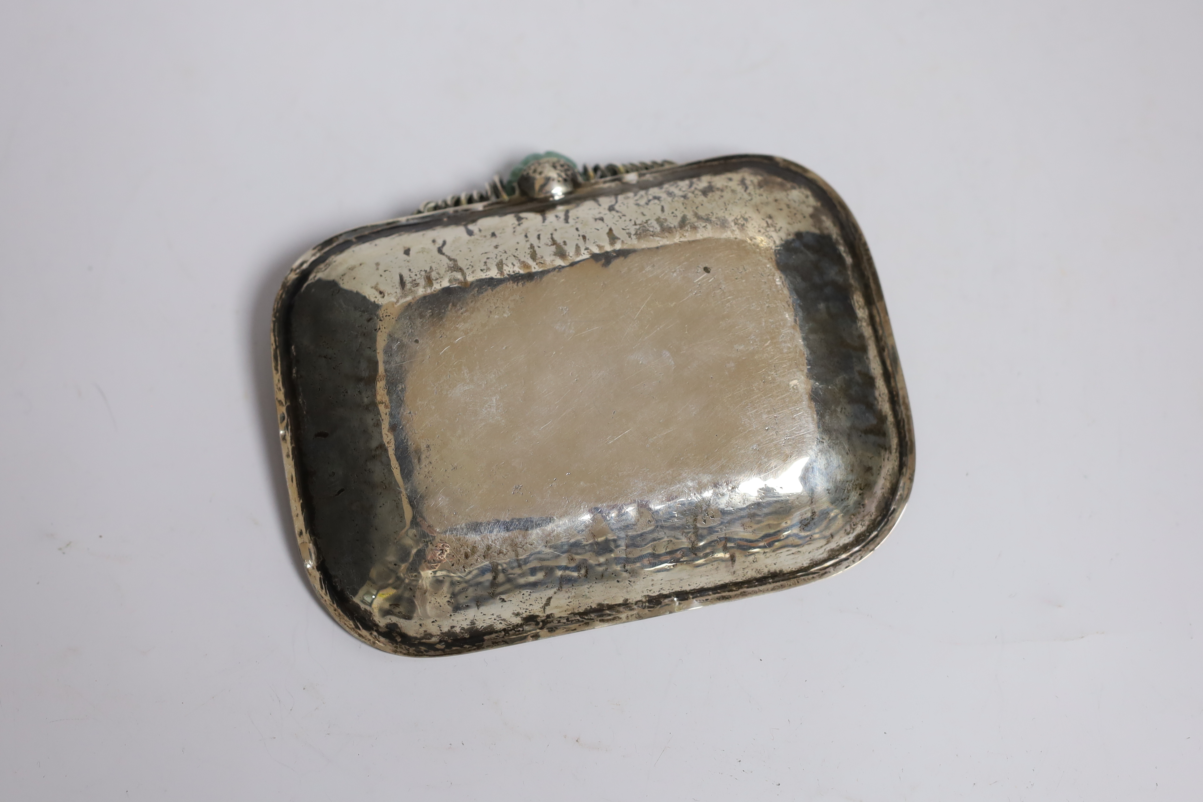 A Chinese white metal and bowenite jade mounted dish, 14.7cm, gross 3.7oz.